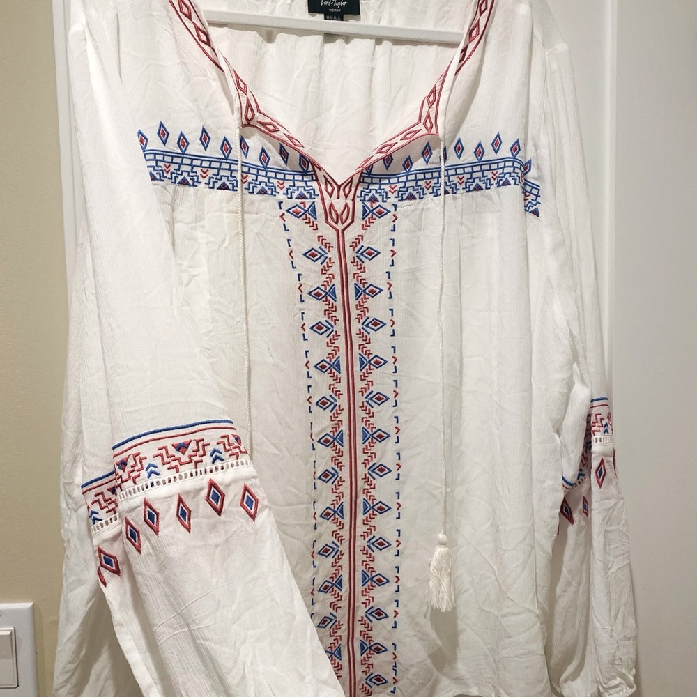 White Sheer Fairy Western Embroidered Blouse Top 3X Lord and Taylor Festival